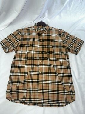 Burberry Beige Plaid Short Sleeve Button-Down Shirt